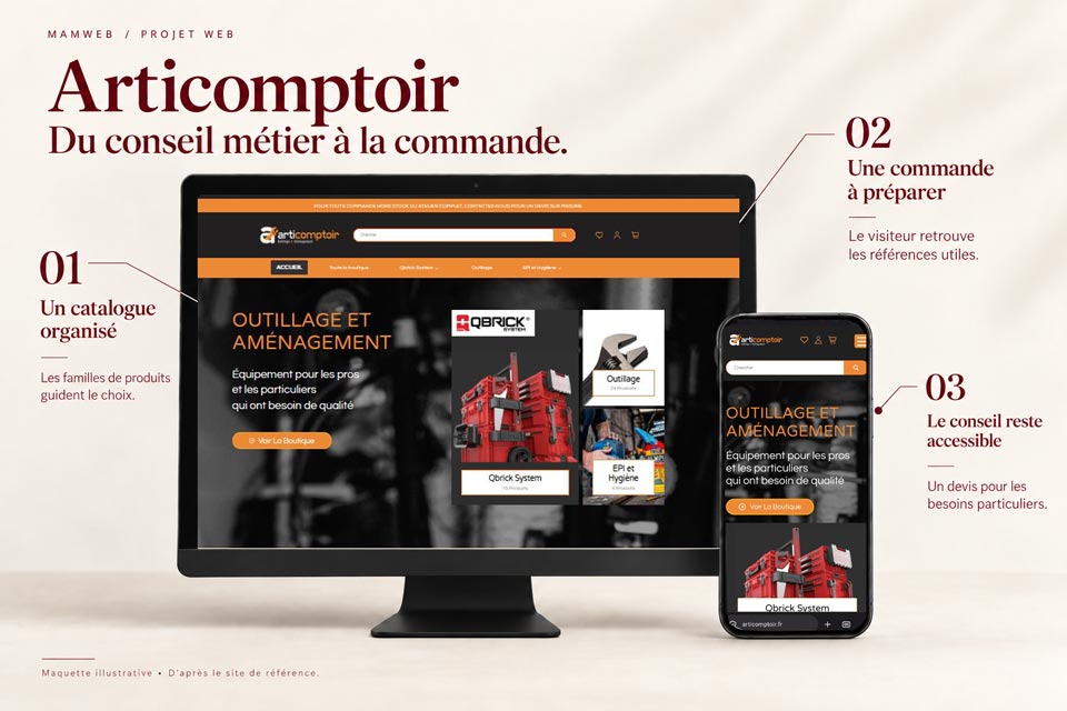 Maquette de la boutique en ligne Articomptoir, affichée sur un écran à pied noir et un téléphone.