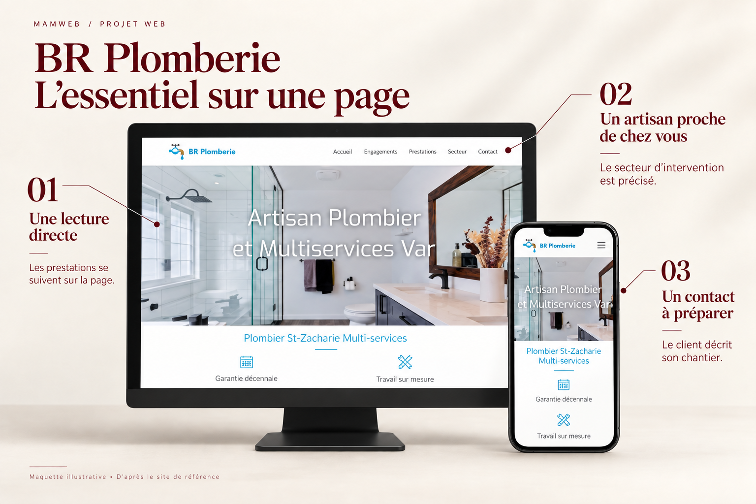 Maquette du site de BR Plomberie, affichée sur un écran à pied noir et un téléphone.