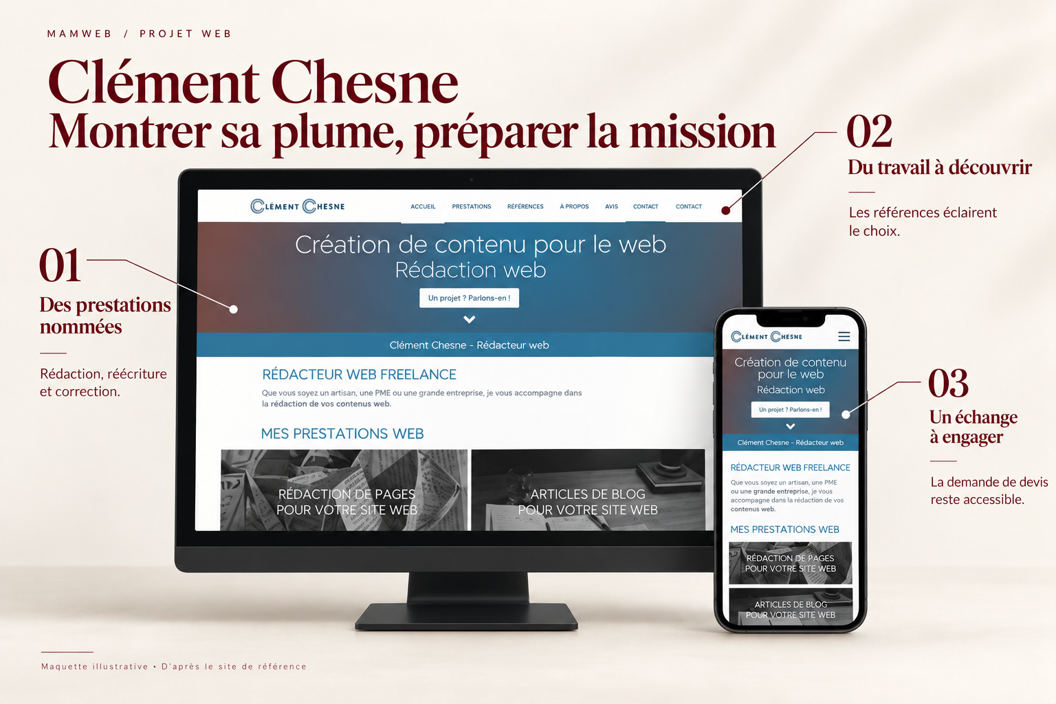 Maquette du site de Clément Chesne, rédacteur web, affichée sur ordinateur et téléphone.