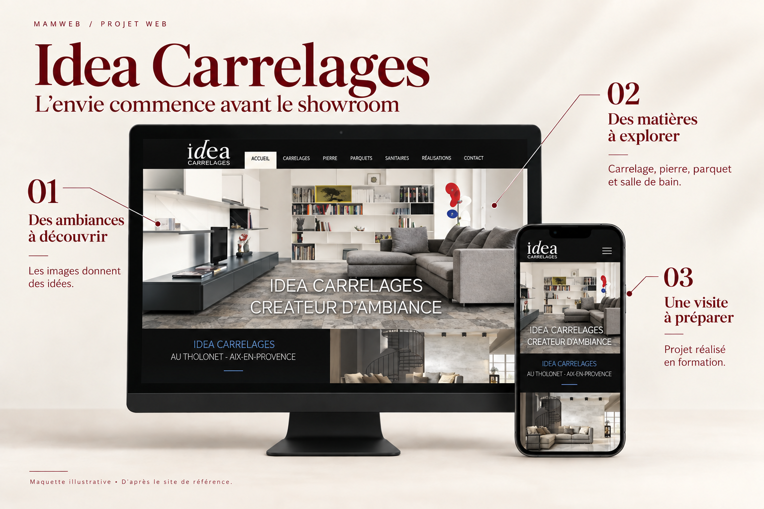 Maquette du site d’Idea Carrelages, affichée sur un écran à pied noir et un téléphone.